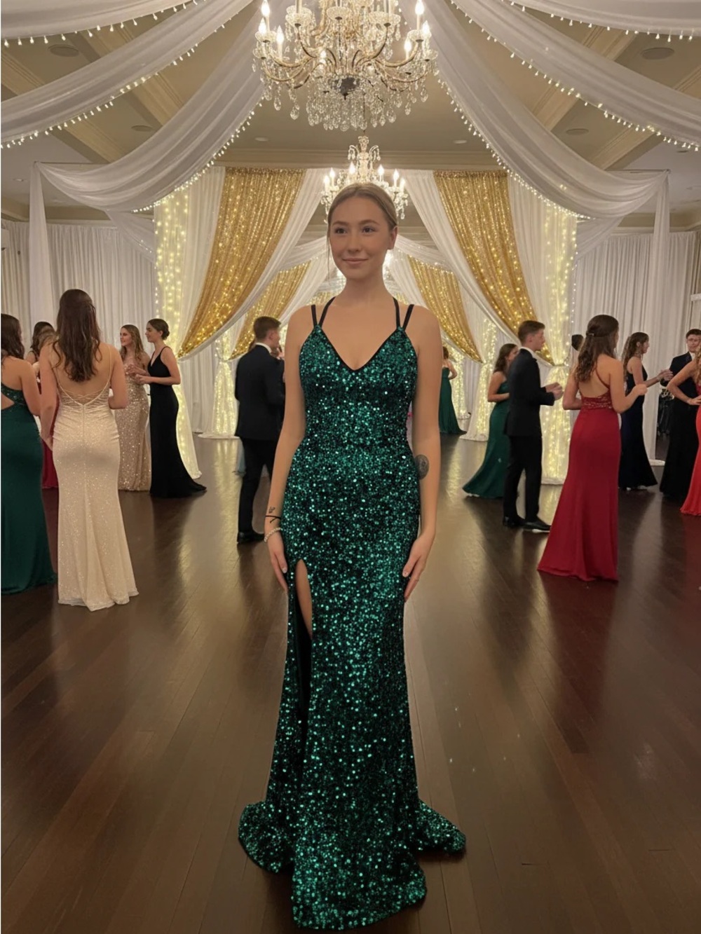 Jessica Angel Sequin V-Neck Prom Gown with Thigh Slit